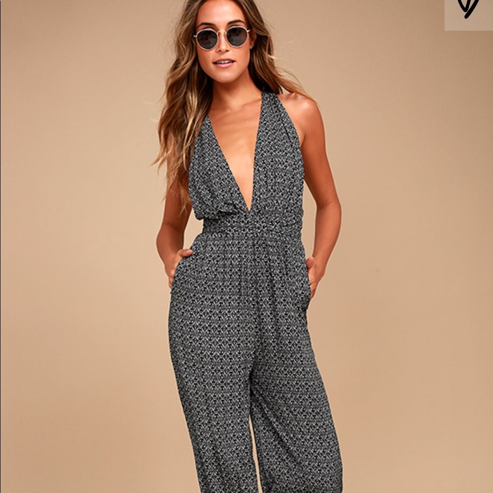 Take A Trip Black Print Halter Jumpsuit